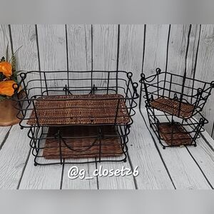 Rustic Black Metal Basket with Brown WickerLiner Setof 4